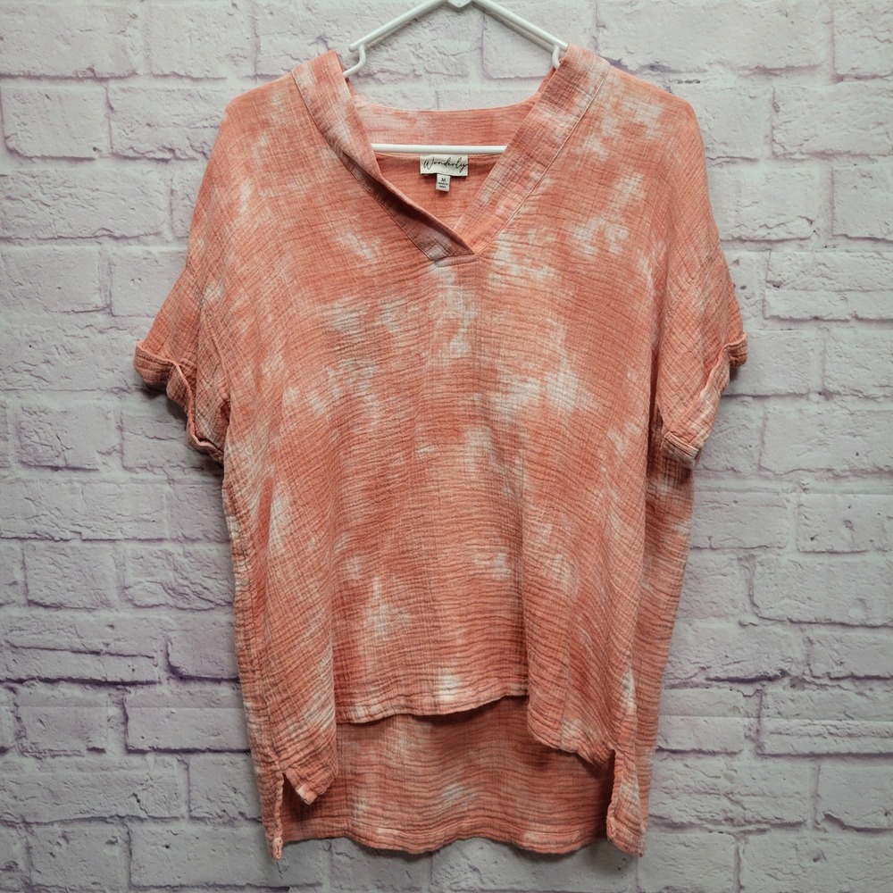 Wonderly Peach Tie Dye Gauze Tunic Top Sz M Roll Sleeve Hippie‎ Boho Resortwear